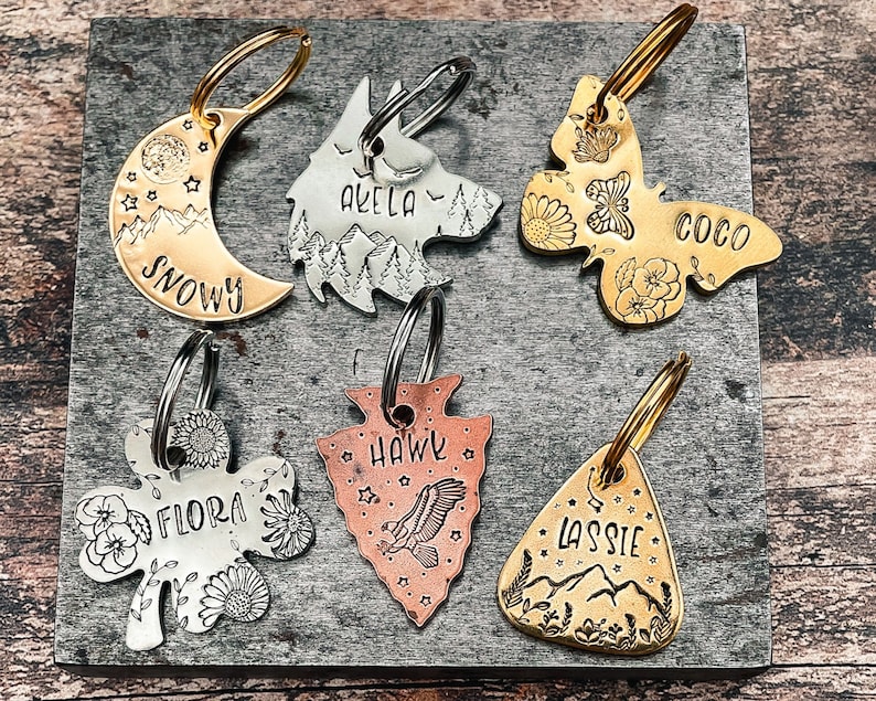 engraved dog tags in various shapes and designs