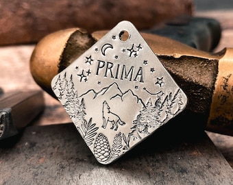 Custom pet name tag square mountain dog tag dog collar charm with phone numbers and address handmade dog gift