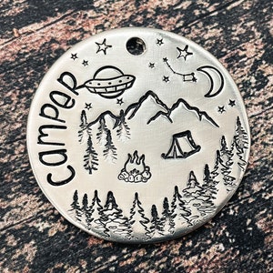 Camping dog tag, dog Christmas gift, ufo dog id tag, double-sided pet tag with 2 phone numbers or address, dog tag for dogs personalized image 1