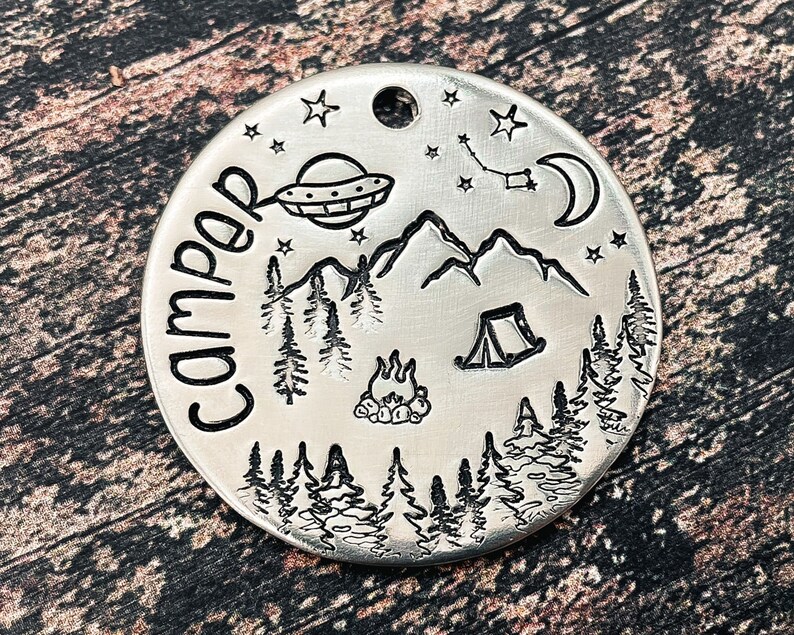 Camping dog tag, dog Christmas gift, ufo dog id tag, double-sided pet tag with 2 phone numbers or address, dog tag for dogs personalized image 1