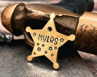 Engraved dog tag Sheriff dog name tag hand-stamped pet id tag with stars brass copper nickel silver up to 2 phone numbers dog collar charm