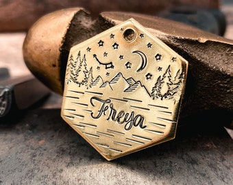 Hexagon mountain dog name tag engraved dog tag for dogs, hand-stamped tree dog tag with trees, up to 2 phone numbers or address on the back