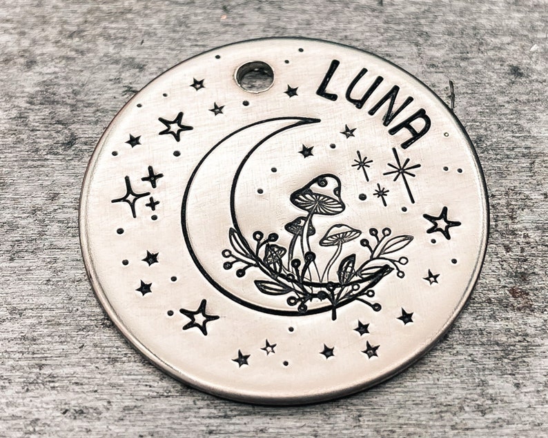 Moon dog tag engraved with mushroom design dog tag for dogs personalized double-sided metal dog tag with 2 phone numbers handmade gift idea image 5