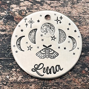 Moon dog tag, dog tag for dogs personalized, dog id tag with moon and stars, double-sided pet id tag with up to 2 phone numbers, dog gift
