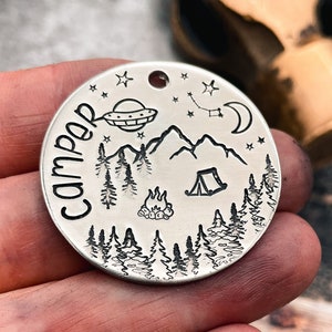 Camping dog tag, dog Christmas gift, ufo dog id tag, double-sided pet tag with 2 phone numbers or address, dog tag for dogs personalized image 2