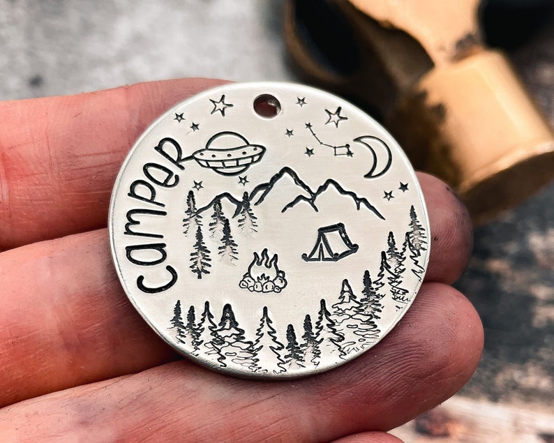 Camping dog tag, dog Christmas gift, ufo dog id tag, double-sided pet tag with 2 phone numbers or address, dog tag for dogs personalized image 2