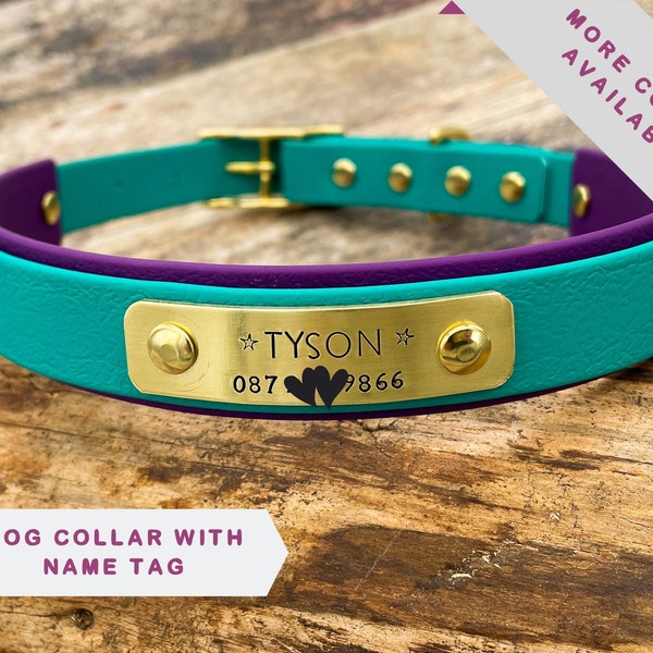 Dog collar with name plate, handmade waterproof dog collar with hand stamped id tag incl phone number, brass buckle and rivets, heavy duty