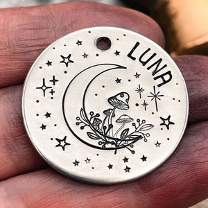 Moon dog tag engraved with mushroom design dog tag for dogs personalized double-sided metal dog tag with 2 phone numbers handmade gift idea image 4