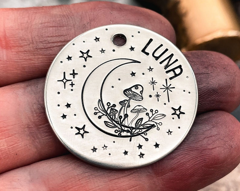 Moon dog tag engraved with mushroom design dog tag for dogs personalized double-sided metal dog tag with 2 phone numbers handmade gift idea image 4