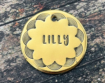 Metal dog tag hand stamped with cute border, double sided pet id tag with phone number or microchipped, copper or brass dog tag