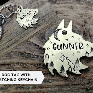 Wolf head dog tag, matching keychain, gift idea