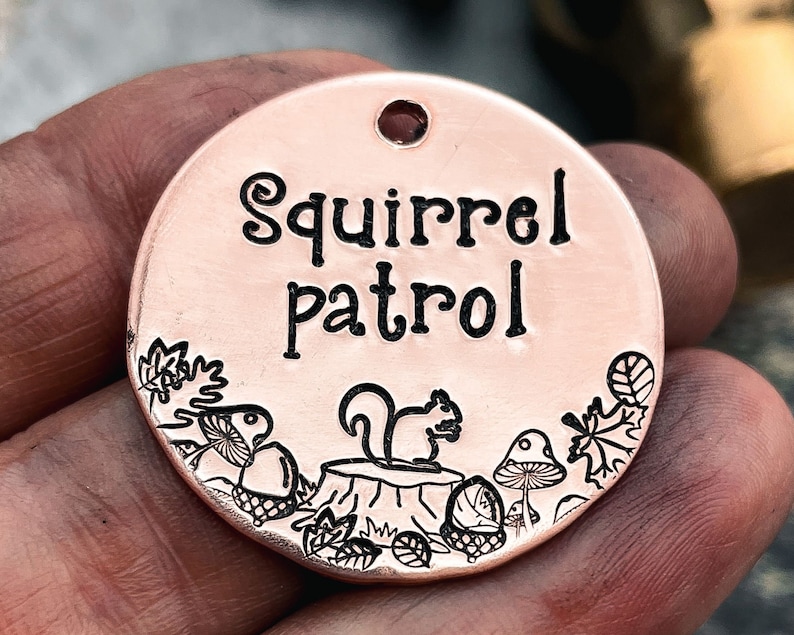 funny dog tag with squirrel and forest design