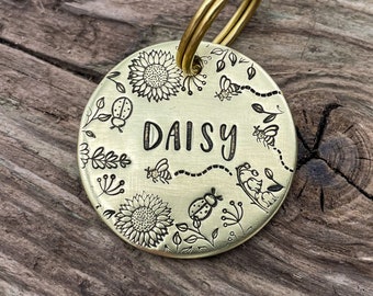 Cute girl dog tag hand stamped dog tag with flowers and bees double-sided engraved dog tag with up to 2 phone numbers or microchipped