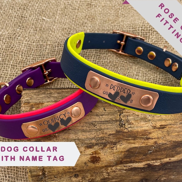 Personalized luxury dog collar with name tag, handmade waterproof pet collar with hand stamped id tag incl phone number, rose gold buckle