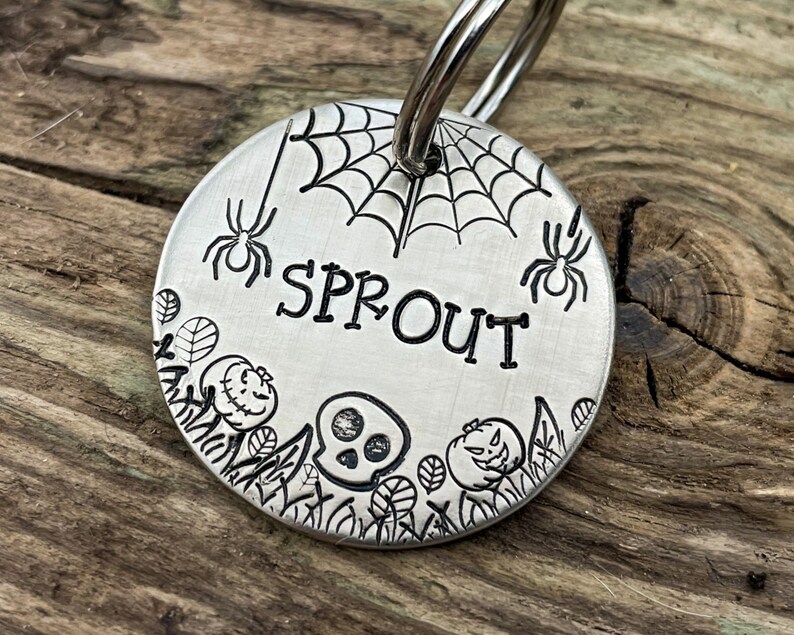 May include: A silver dog tag with a Halloween theme. The tag features a spider web, spiders, pumpkins, and a skull. The name "SPROUT" is engraved on the tag.