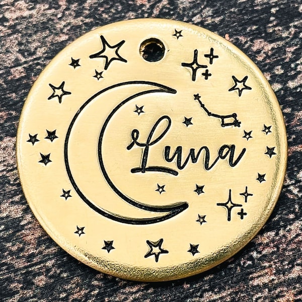 Engraved dog tag hand-stamped Moon dog name tag cute pet collar tag personalized 2 phone numbers custom dog gift brass copper nickel silver