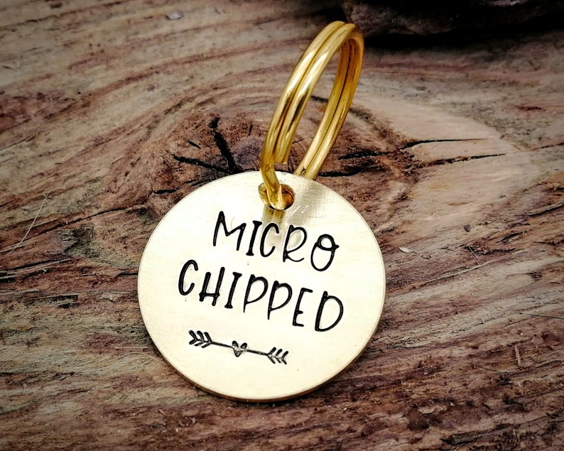 Microchipped dog tag, small pet id tag, handstamped image 1