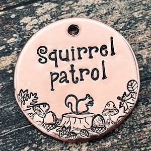 Squirrel patrol dog tag, hand stamped pet id tag with cute squirrel and leaf design, double-sided dog tag with phone number or microchipped