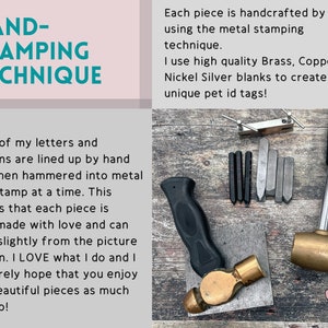 May include: A close-up of a metal stamping kit for creating personalized pet ID tags. The kit includes a hammer, a metal stamping block, and several metal stamps. The text "HAND-STAMPING TECHNIQUE" is visible in the image.