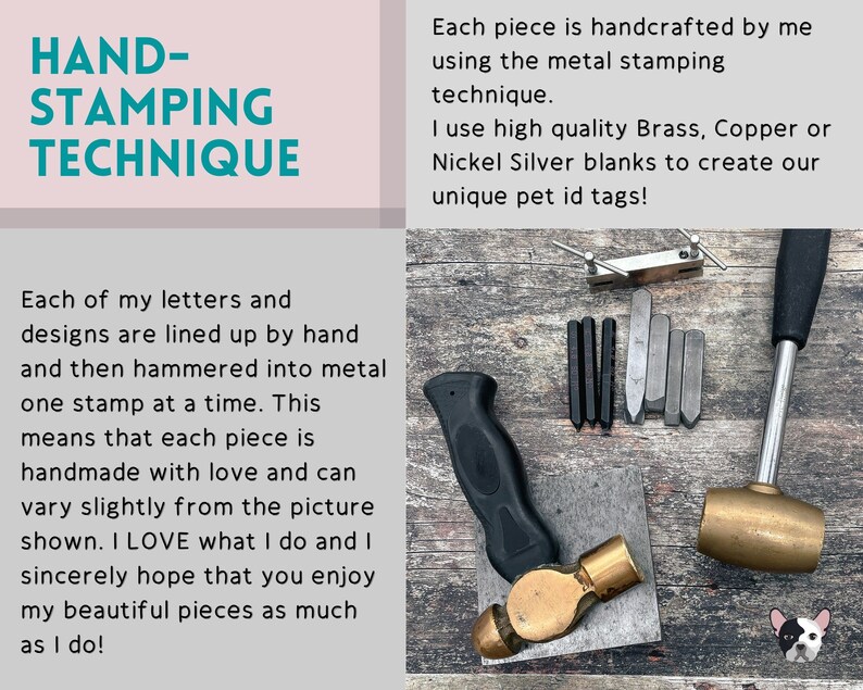 May include: A close-up of a metal stamping kit for creating personalized pet ID tags. The kit includes a hammer, a metal stamping block, and several metal stamps. The text "HAND-STAMPING TECHNIQUE" is visible in the image.