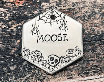 Halloween dog tag, spooky dog tag, hexagon metal pet tag with 2 phone numbers or address, dog tag for dogs personalized, stamped dog tag