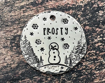 Cute Snowman dog tag, Christmas dog tag for dogs personalized, double-sided pet id tag with 2 phone numbers or address, dog gift idea
