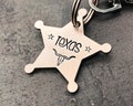 Sheriff dog tag, double-sided metal pet id tag hand-stamped with longhorn, up to 2 phone numbers or microchipped product logo