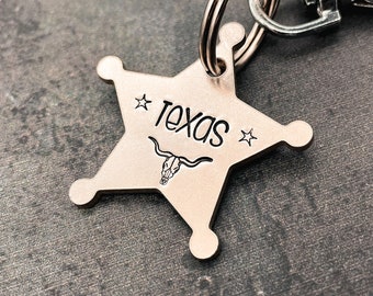 Sheriff dog tag, double-sided metal pet id tag hand-stamped with longhorn, up to 2 phone numbers or microchipped