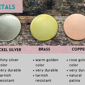May include: Three metal discs, nickel silver, brass, and copper, showing the color and finish of each metal.  The text "METALS" is at the top of the image.  The text "NICKEL SILVER", "BRASS", and "COPPER" are below each disc.  The text below each metal disc describes the color, durability, and tarnish resistance of each metal.
