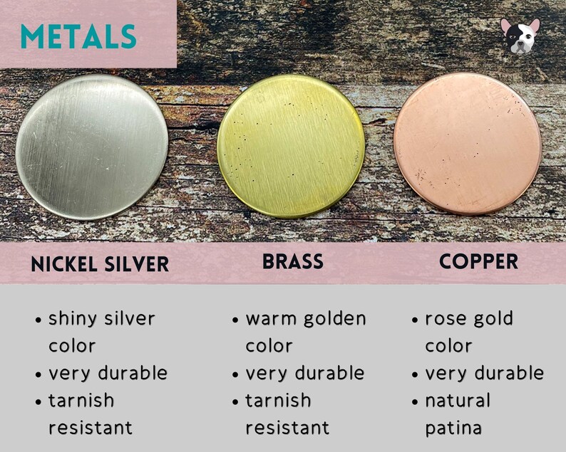 May include: Three metal discs, nickel silver, brass, and copper, showing the color and finish of each metal.  The text "METALS" is at the top of the image.  The text "NICKEL SILVER", "BRASS", and "COPPER" are below each disc.  The text below each metal disc describes the color, durability, and tarnish resistance of each metal.