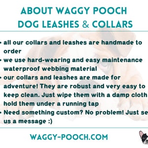 May include: About Waggy Pooch Dog Leashes & Collars.  Handmade to order, these leashes and collars are made from waterproof webbing material.  They are easy to clean and can be customized.