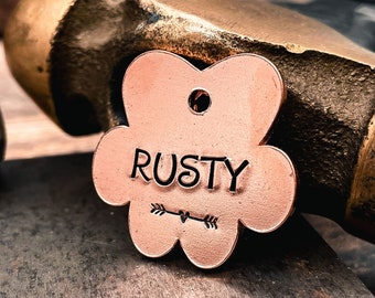 Personalized paw dog tag for dogs rose gold or brass dog id tag with 2 phone numbers, handmade dog gift idea, hand-stamped pet id tag