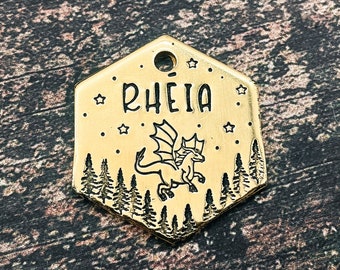 Hexagon dog tag, cute pet tag, dragon dog id tag, dog tag for dogs personalized, double-sided dog tag with 2 phone numbers, metal dog tag