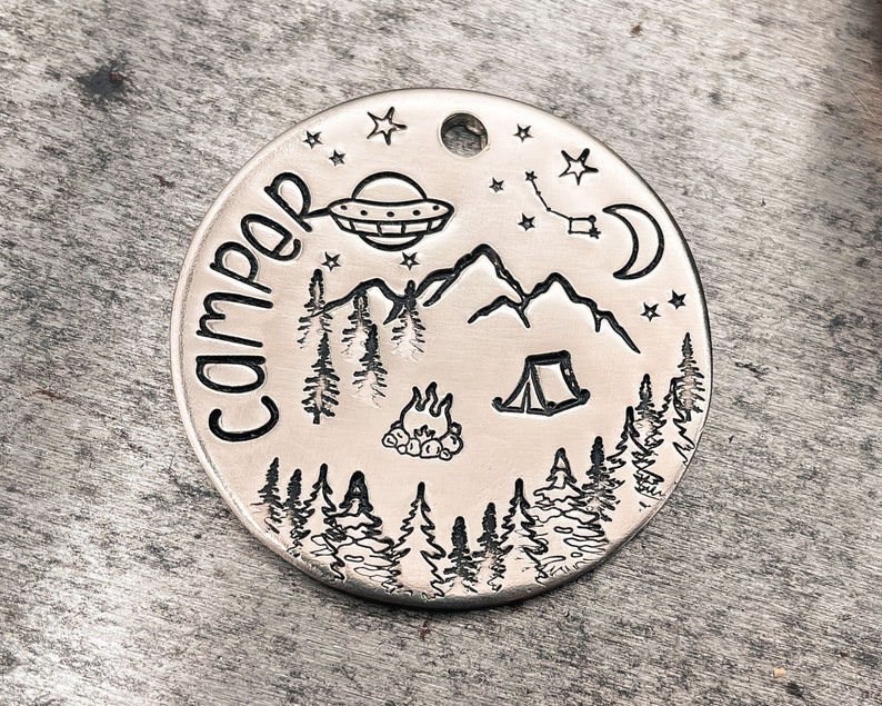 Camping dog tag, dog Christmas gift, ufo dog id tag, double-sided pet tag with 2 phone numbers or address, dog tag for dogs personalized image 5