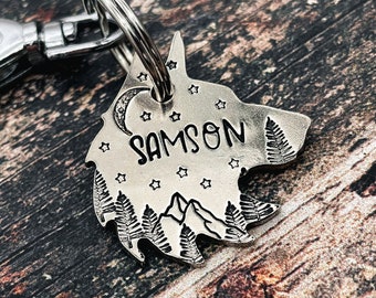Wolf dog tag engraved dog tag for dogs personalized hand-stamped id pet tag mountain dog tag double-sided dog tag with phone number