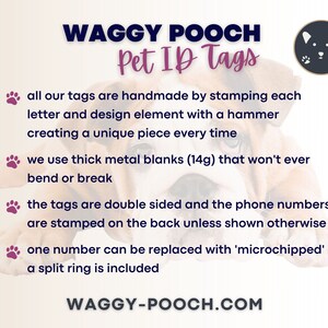 May include: Image of a pet ID tag advertisement. The text reads "WAGGY POOCH Pet ID Tags." The tags are handmade, double-sided, and made of thick metal. The website address is waggy-pooch.com.