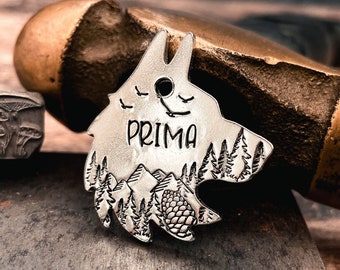 Wolf dog tag engraved custom mountain dog tag personalized  2 phone numbers hand stamped pet id tag with tree design handmade dog gift idea