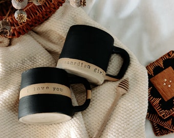 PERSONALIZE IT!!! Basic Black Mug with White Strip for Custom Message