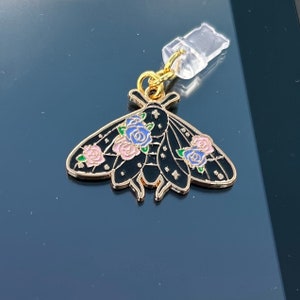 Japanese black luna moth dust plug, sakura moon cosmic butterfly phone charm, kawaii earphone jack, bug cell decor, games device, type C black butterfly