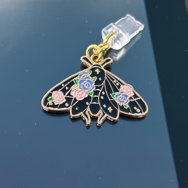 Japanese black luna moth dust plug, sakura moon cosmic butterfly phone charm, kawaii earphone jack, bug cell decor, games device, type C black butterfly