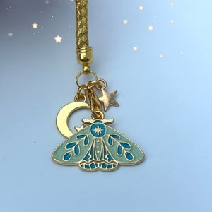 Japanese green luna moth phone rope, kawaii keyring star moon cosmic butterfly insect  charm, smart cell decor, goth alt