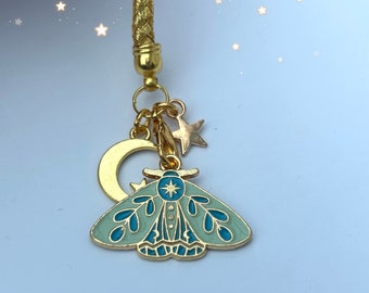 Japanese green luna moth phone rope, kawaii keyring star moon cosmic butterfly insect  charm, smart cell decor, goth alt