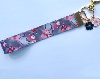 Kawaii sakura coquette keyfob phone strap , Japanese wristlet, kimono ribbon cherry blossom charm, car key, bag purse lanyard wrist band,