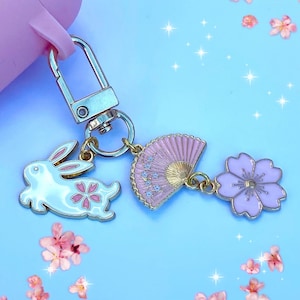 Kawaii Bunny Phone Charm: Sakura Flower Fan Keyring