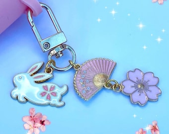 Kawaii Bunny Phone Charm: Sakura Flower Fan Keyring