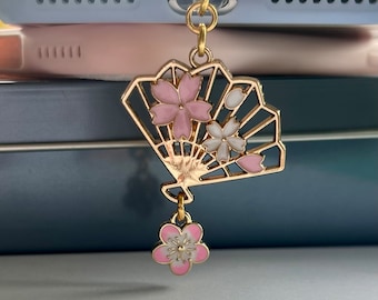 Sakura fan flower dust plug, pink cherry blossom cell phone charm, bookish kawaii gaming decor jack ,laptop addition, type c, japanese