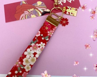 Llavero japonés kawaii con correa de muñeca, llavero estilo kimono, cinta para bolso, lazo, dijes de pez sakura, cordón, correa para llaves de casa y coche, cuerda para muñeca