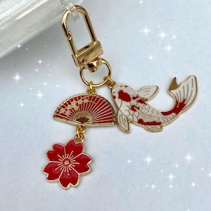 Keyring red japanese, red koi fish, fan sakura keychain clip, smart phone case charm, car key clip, carp flower, kawaii flower uni bag