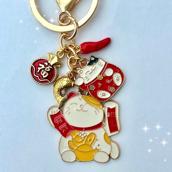 Chinese waving cat keychain gift, lunar new year of, maneki neko koi fish keyring, luck money bag charm, car key decor, house , sushi clip