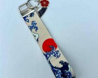 Japanese Wave Wristlet Key Fob, Kimono Ribbon Lanyard with Blossom koi fish Charm